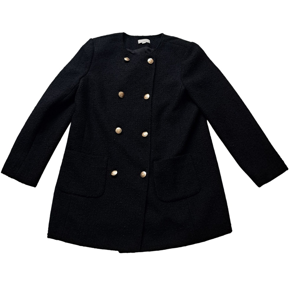 LOFT Tweed Long Collarless Jacket Womens Large Black Gold Buttons Old Money Prep